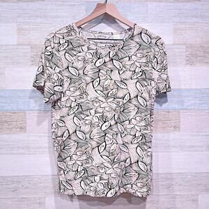 ORVIS Stretchy Ribbed Knit Top Beige Leaf Print Vintage Casual Womens Small